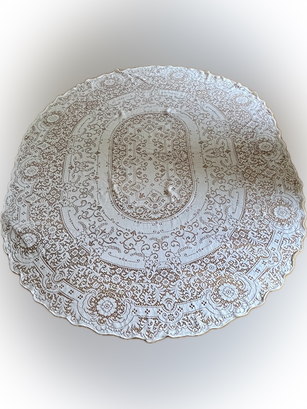 Vintage Off White Lace Tablecloth Oval 66x90 Scalloped Medallion Cottagecore